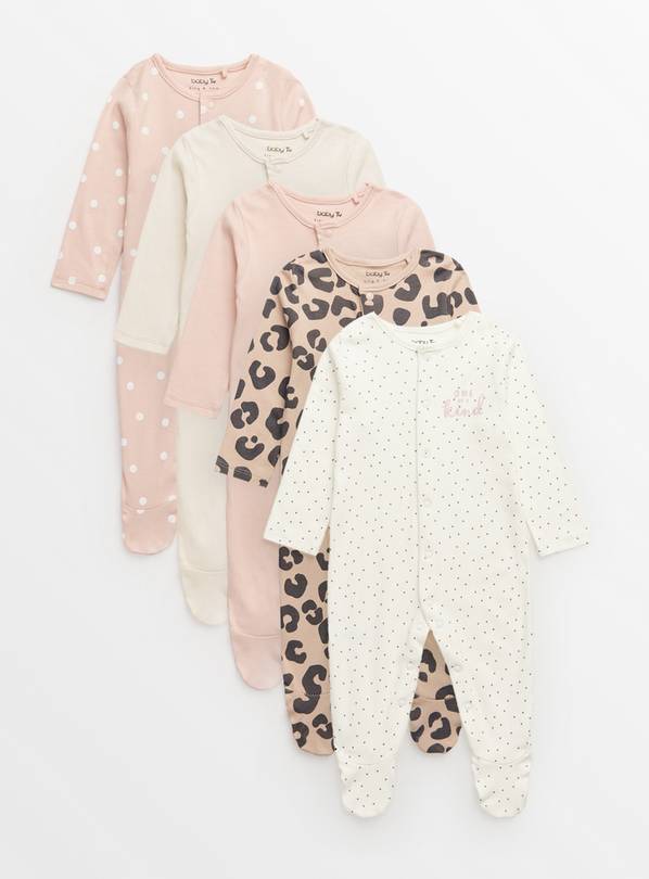 Pink Leopard Print Long Sleeve Sleepsuits 5 Pack  18-24 months